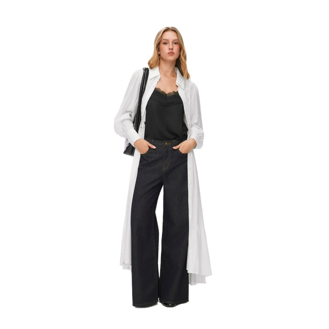Damen Langes Hemdblusenkleid mit Spitzenbesatz, Taillierung und Stufenrock EB