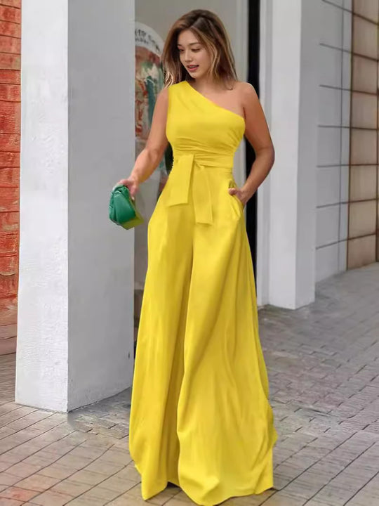 Damen Eleganter Ein-Schulter Jumpsuit mit Gürtel und weitem Bein EB
