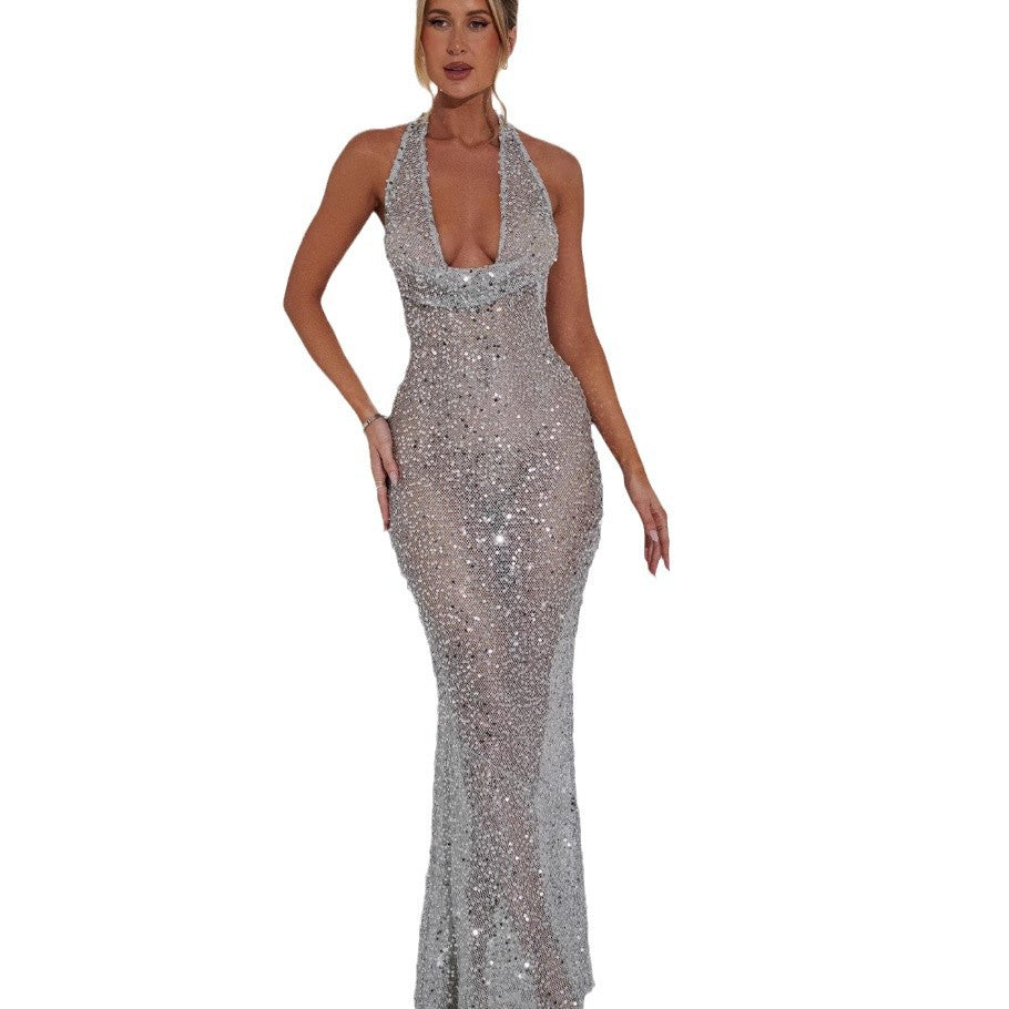 Damen Funktionskleid mit glamourösem Paillettenbesatz und tiefem V-Ausschnitt EB