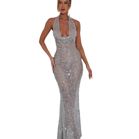 Damen Funktionskleid mit glamourösem Paillettenbesatz und tiefem V-Ausschnitt EB