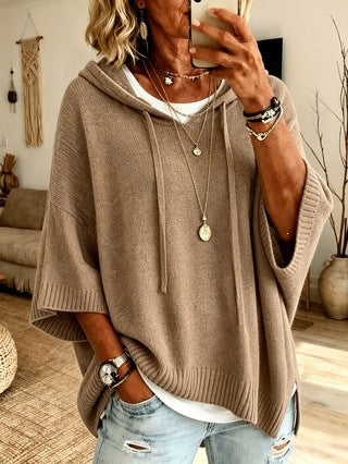 Damen nan Oversize Strickponcho mit Kapuze und kurzen Ärmeln EB