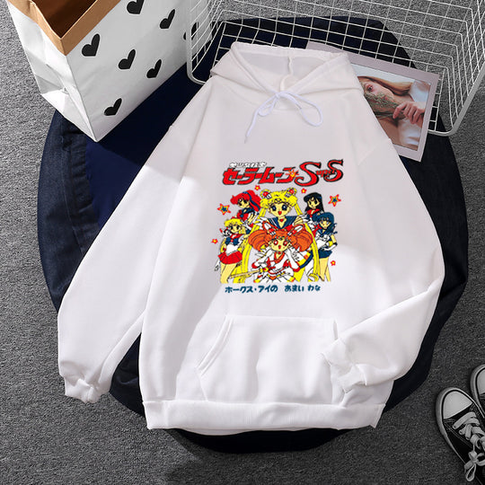 Damen nan Oversize-Kapuzenpullover mit gerautem Fleecefutter, Retro‑Anime‑Print und Kängurutasche EB