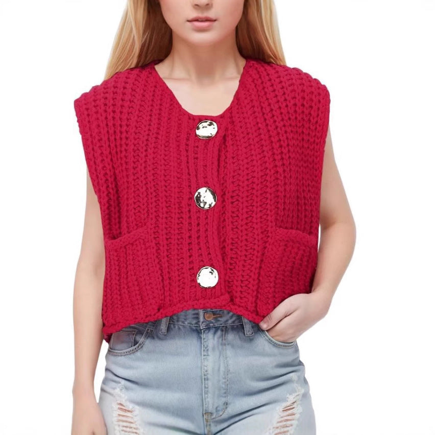 Damen Strickweste mit praktischen Taschen und dekorativen Holzknöpfen EB