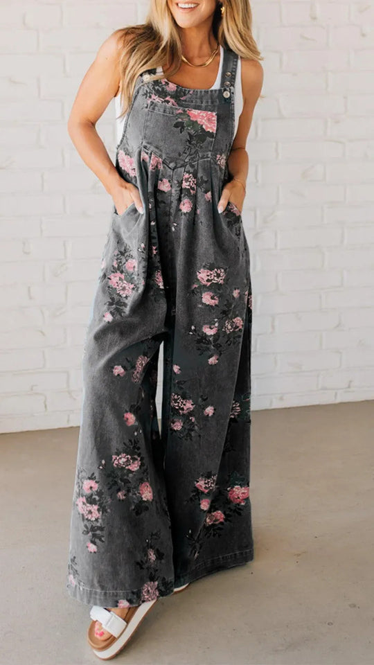 Damen Lässiger Denim-Hosenanzug mit floralem Print und weiten Beinen EB