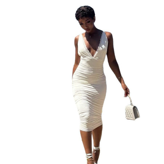 Damen elegantes figurbetontes Midi-Kleid mit verführerischem V-Ausschnitt und feinen Trägern EB
