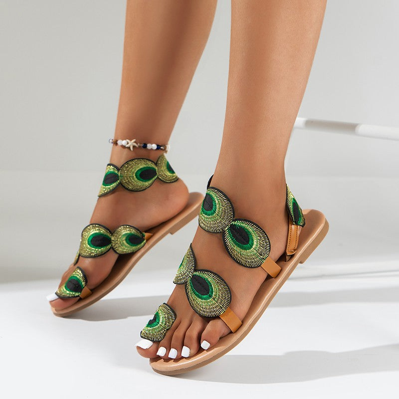 Damen bequeme Zehentrenner-Sandalen mit dekorativer Feder-Applikation EB