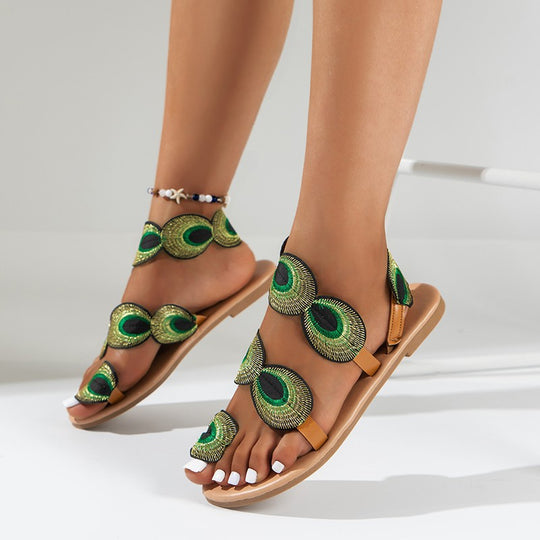 Damen bequeme Zehentrenner-Sandalen mit dekorativer Feder-Applikation EB