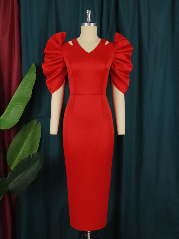 Damen Elegantes Midi-Kleid mit voluminösen Puffärmeln EB