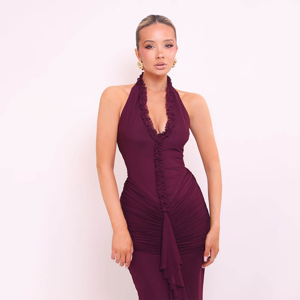 Damen Maxikleid mit tiefem V-Ausschnitt und elegantem Rüschendesign EB