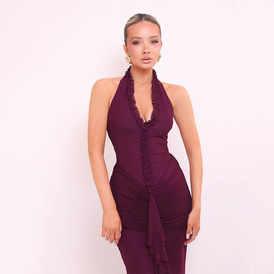Damen Maxikleid mit tiefem V-Ausschnitt und elegantem Rüschendesign EB