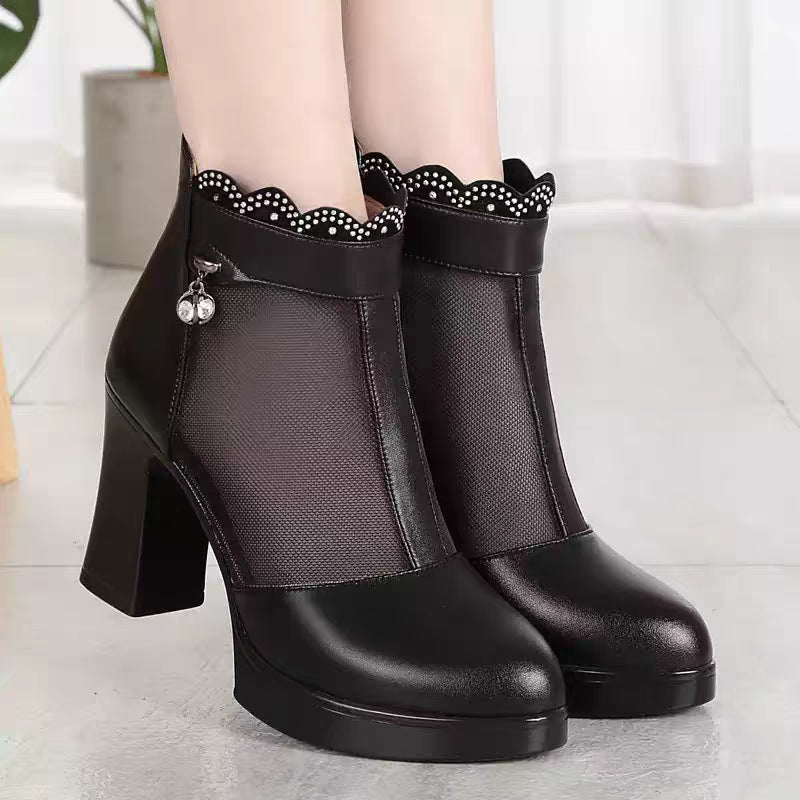 Damen Modische Peep-Toe Stiefeletten mit eleganter Mesh-Ansicht und hohem Blockabsatz EB