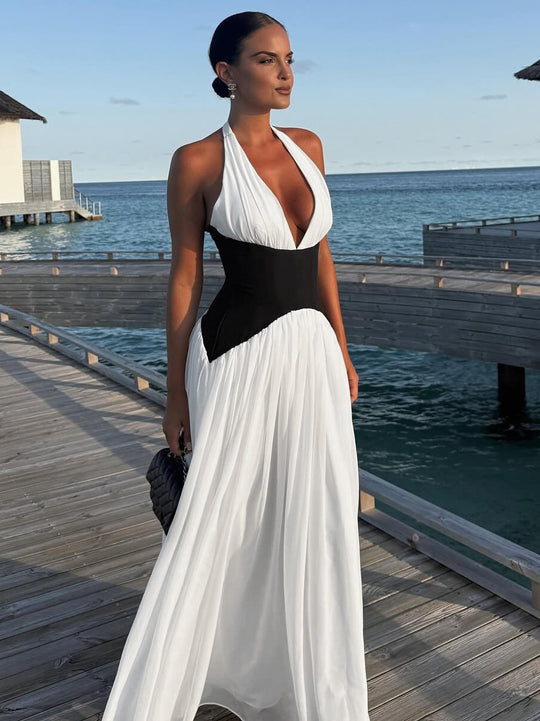 Damen Maxikleid mit tiefem V-Ausschnitt und elegantem Wickel-Design EB