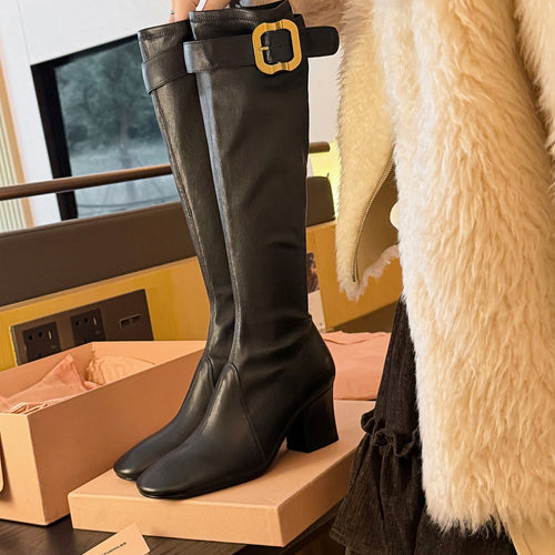Damen elegante Overknee-Stiefel mit dekorativem Schnallenverschluss und moderner Blockabsatz EB
