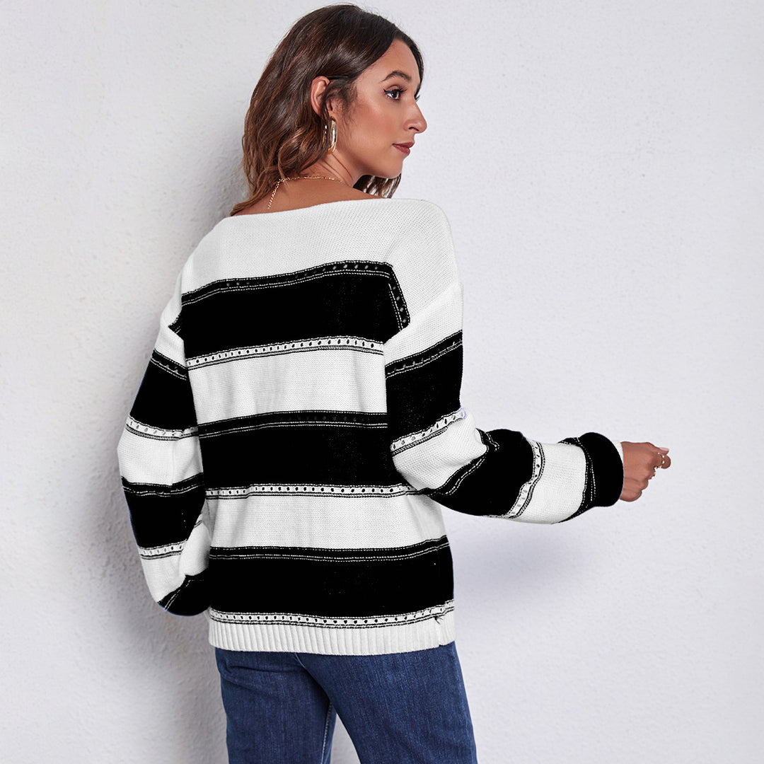 Damen Freizeit Pullover mit modernem Lochmuster und Streifen-Design EB