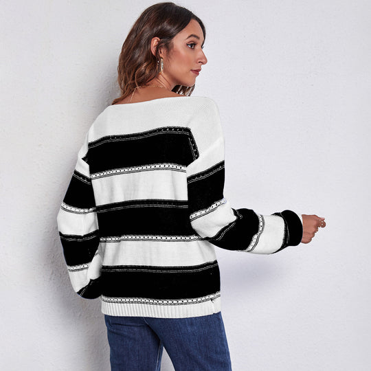 Damen Freizeit Pullover mit modernem Lochmuster und Streifen-Design EB