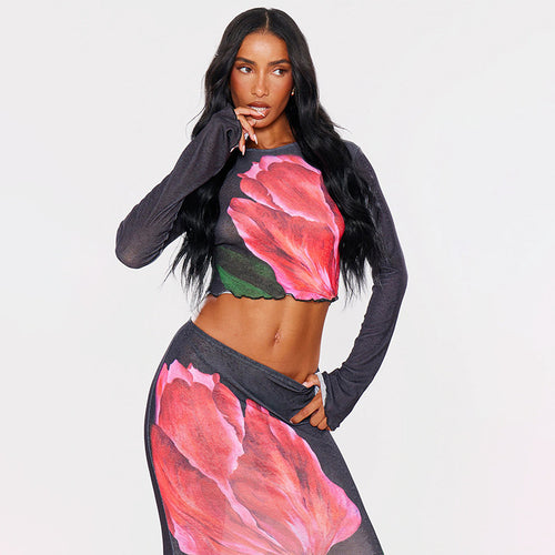 Damen Crop-Top und Rock-Set mit floralem Design EB