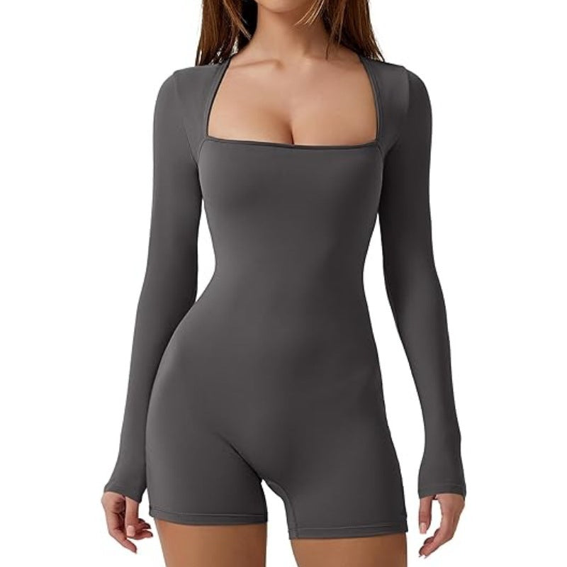 Damen Figurbetontes Langarm-Body mit quadratischem Ausschnitt EB