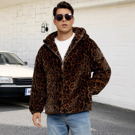 Herren Flauschige Kunstpelzjacke mit modischem Leopardenmuster EB