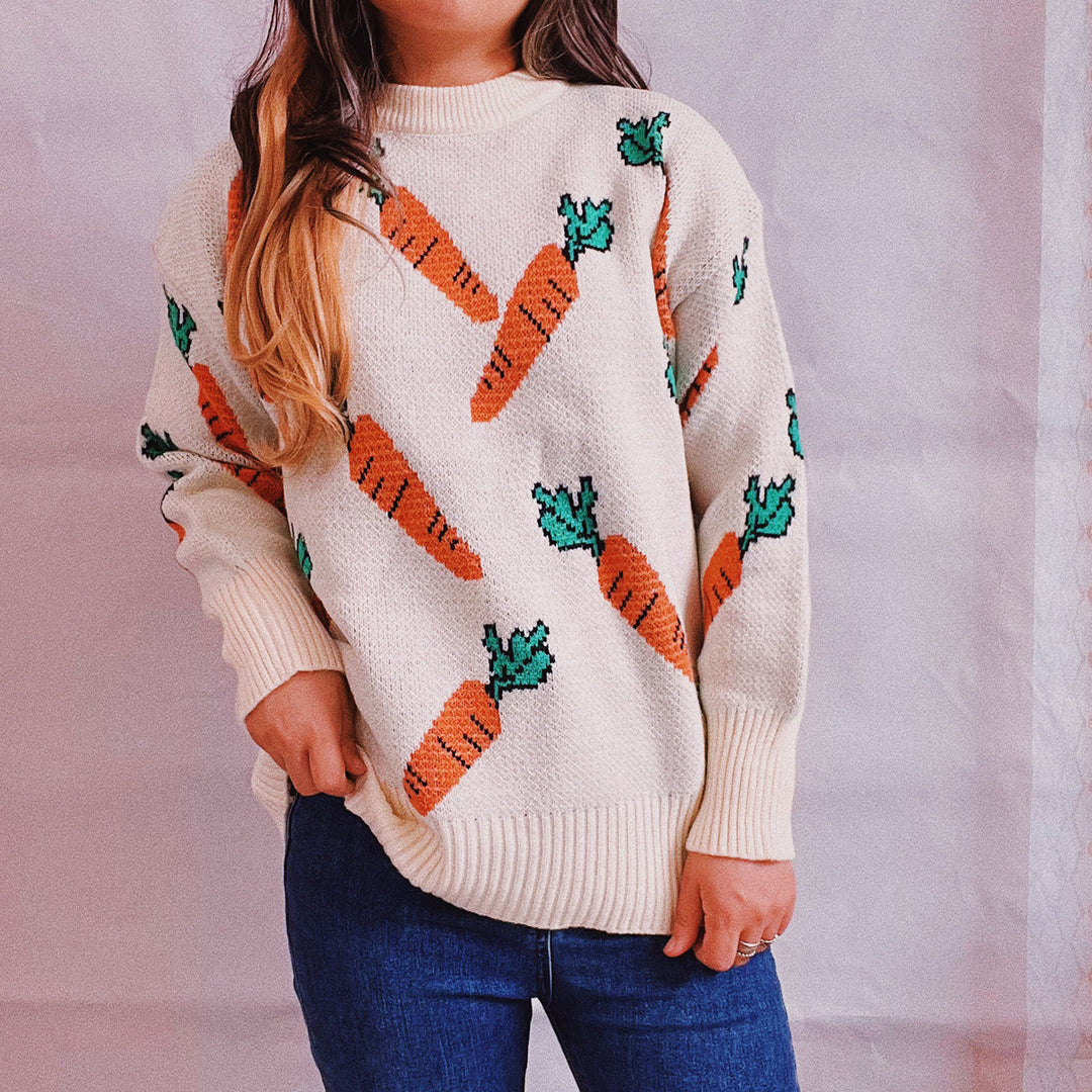 Damen lässiger Pullover mit buntem Karottenmotiv EB