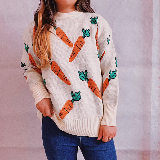 Damen lässiger Pullover mit buntem Karottenmotiv EB