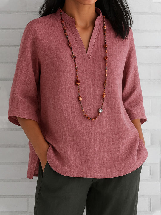 Damen lässige Bluse mit V-Ausschnitt und seitlichen Taschen EB