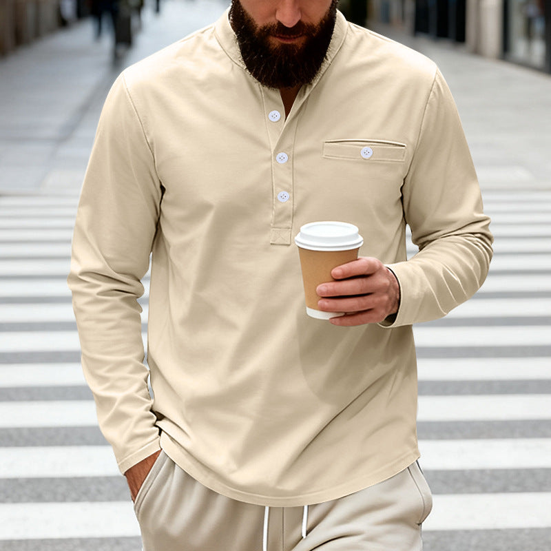 Herren nan langärmeliges Henley-Shirt mit Stehkragen, Brusttasche und dekorativer Knopfleiste EB
