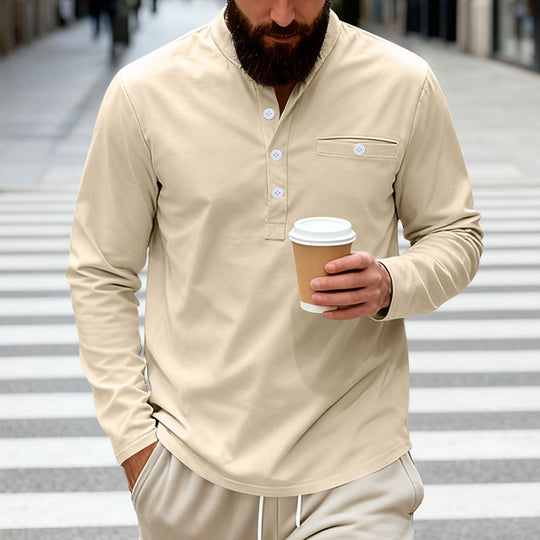 Herren nan langärmeliges Henley-Shirt mit Stehkragen, Brusttasche und dekorativer Knopfleiste EB