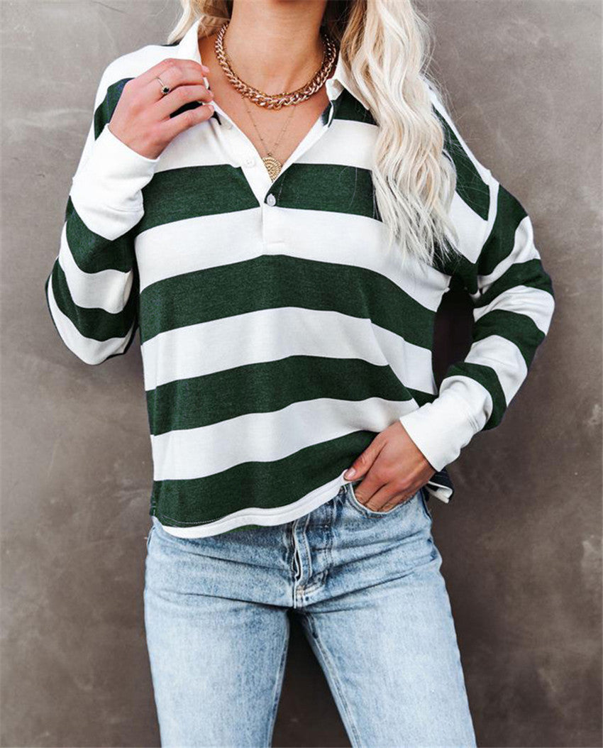 Damen lässiges Langarmshirt mit Streifenmuster und Knopfleiste EB