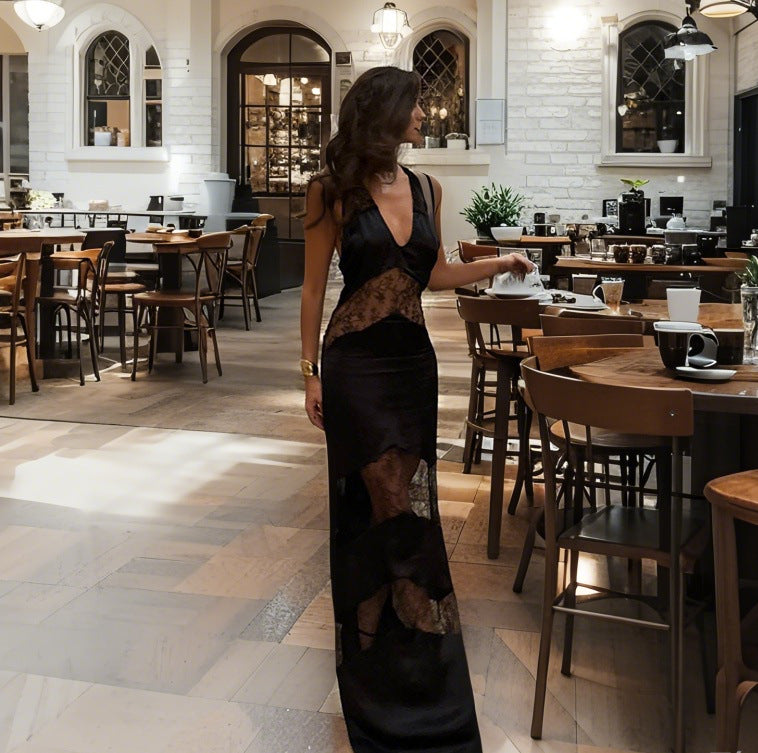 Damen verführerisches Chiffon Spitzenkleid mit tiefem V-Ausschnitt und transparenten Details EB