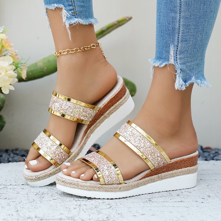 Damen Glamouröse Wedge-Sandaletten mit Glitzer-Riemen und komfortablem Fußbett EB