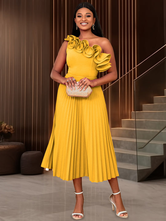 Damen Midi-Kleid mit schulterfreiem Design und voluminösen Rüschen EB