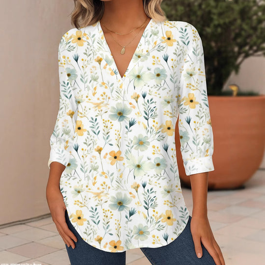 Damen Florale V-Ausschnitt Tunika-Bluse mit dreiviertel-Ärmeln und abgerundetem Saum EB