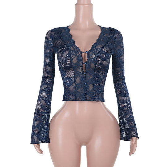 Damen Spitzenbluse mit tiefem V-Ausschnitt und langen Ärmeln EB