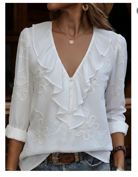Damen elegante Bluse mit Volant und floralem Stickmuster EB