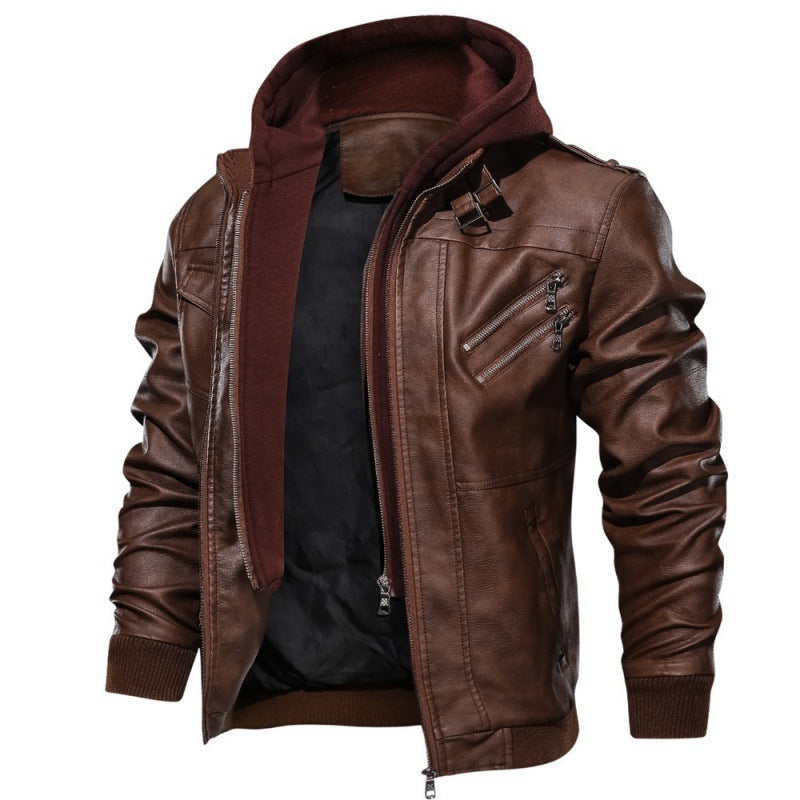 Herren Kunstlederjacke mit abnehmbarer Kapuze und praktischen Taschen EB