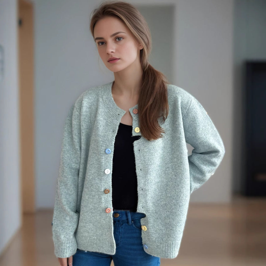 Damen kuschelige Strickjacke mit bunten Knopfdetails EB