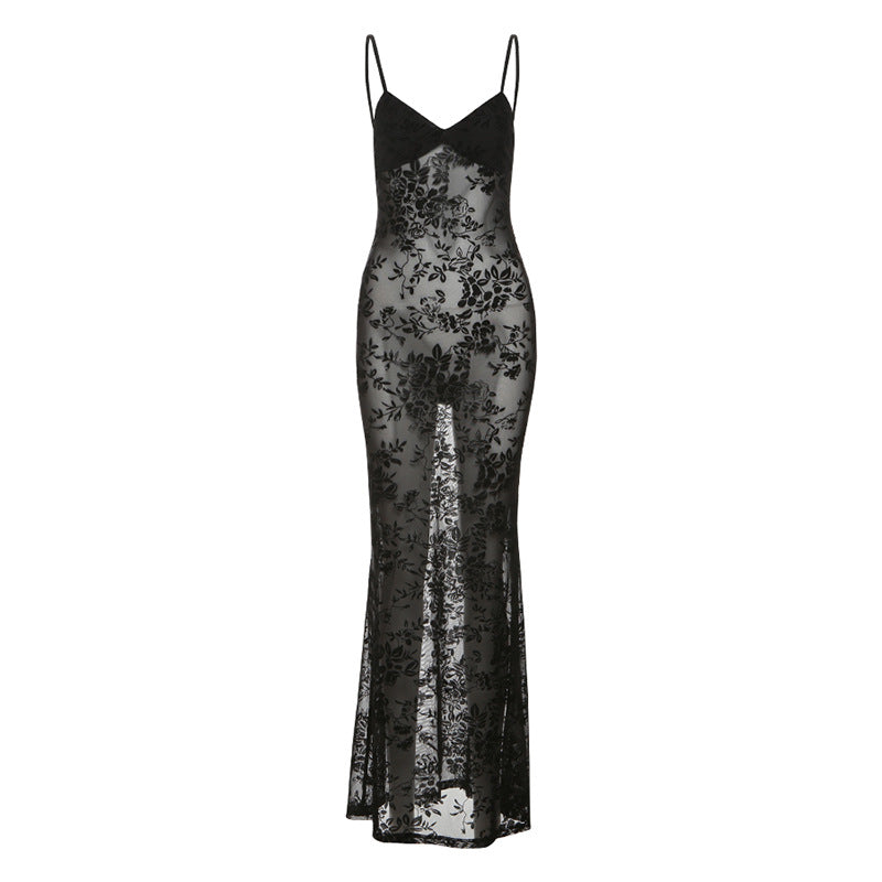 Damen Elegantes Spitzen-Maxi-Kleid mit Spaghetti-Trägern und transparenter Optik EB