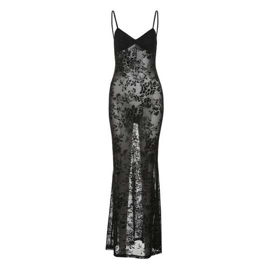 Damen Elegantes Spitzen-Maxi-Kleid mit Spaghetti-Trägern und transparenter Optik EB