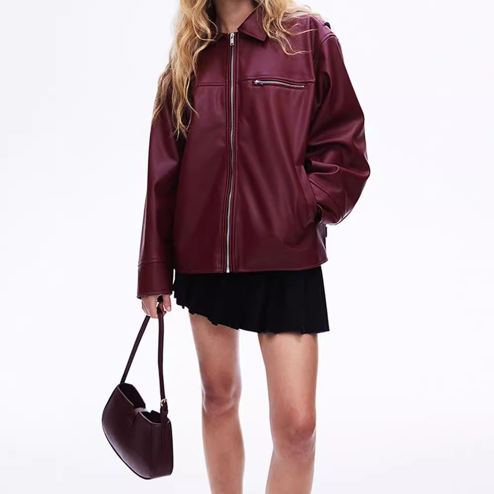 Damen modische Kunstlederjacke mit elastischem Saum und modernem Schnitt EB