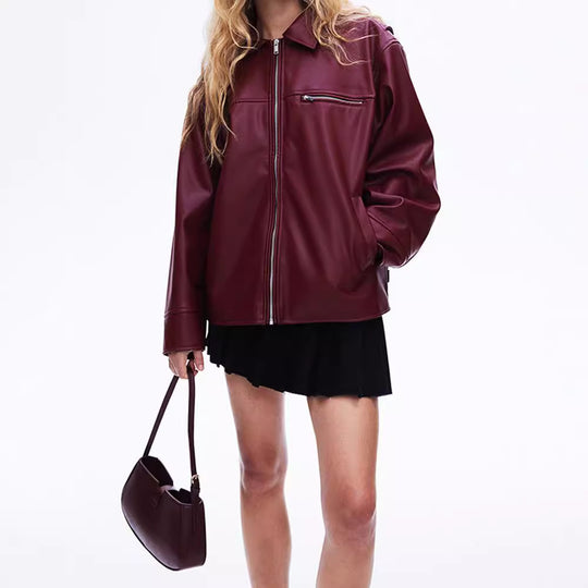 Damen modische Kunstlederjacke mit elastischem Saum und modernem Schnitt EB