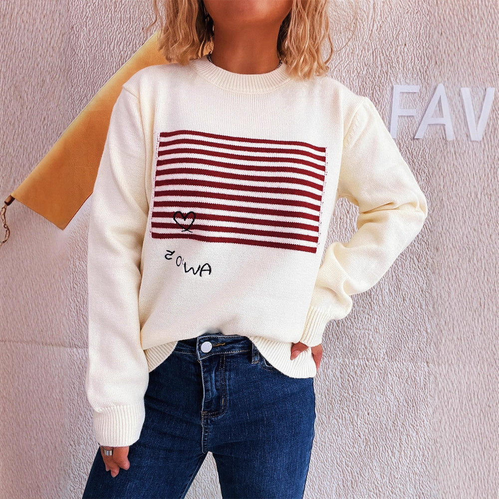 Damen lässiger Pullover mit gestreiftem Design und Herzapplikation EB
