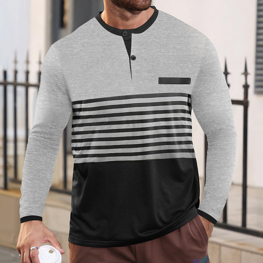 Herren nan modernes Langarm-Polo mit Henley-Blende gestreifter Brustpartie und Stehkragen EB