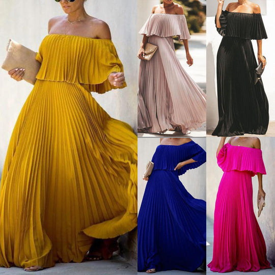Damen Maxikleid mit asymmetrischem Plisseefall und schulterfreiem Design EB