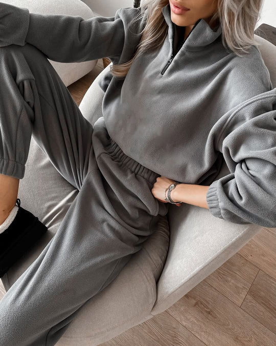 Damen Ultraweiches Fleece-Relaxset mit Stehkragen, halbem Reißverschluss und elastischer Schlupfhose EB