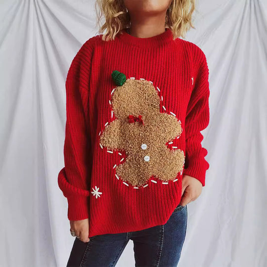 Damen festlicher Pullover mit weihnachtlichem Keksdesign EB