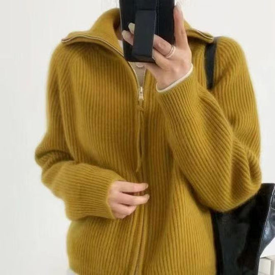 Damen Strickjacke mit hohem Kragen und durchgehendem Reißverschluss EB