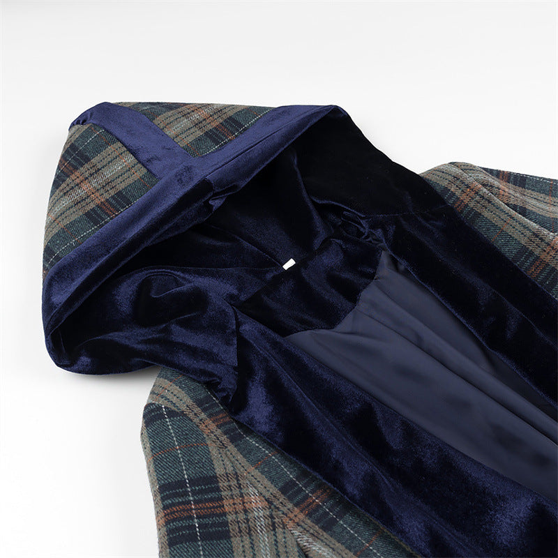 Damen Langer Blazer mit eleganter Karomusterung und luxuriösem Samtkragen EB