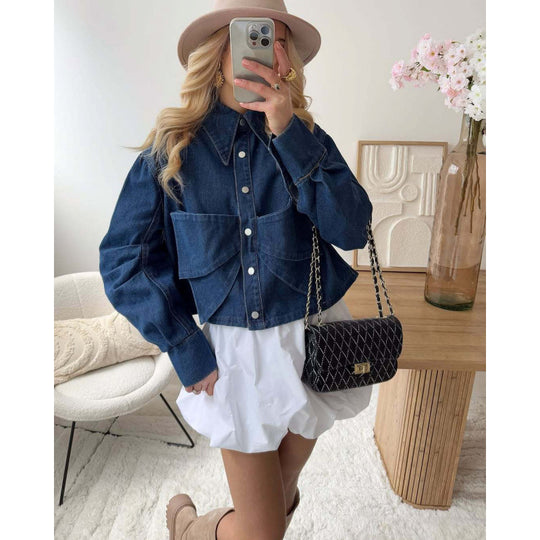 Damen stylische cropped Denimjacke mit praktischen Taschen EB