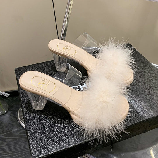 Damen elegante Mules mit transparentem Blockabsatz und feiner Fellverzierung EB