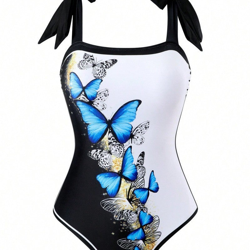 Damen Einteiler Badeanzug mit schickem Wickelrock und Butterfly-Motiv EB